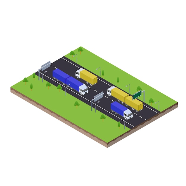 Isometric scene of transport logistic trailer truck in highway traffic road