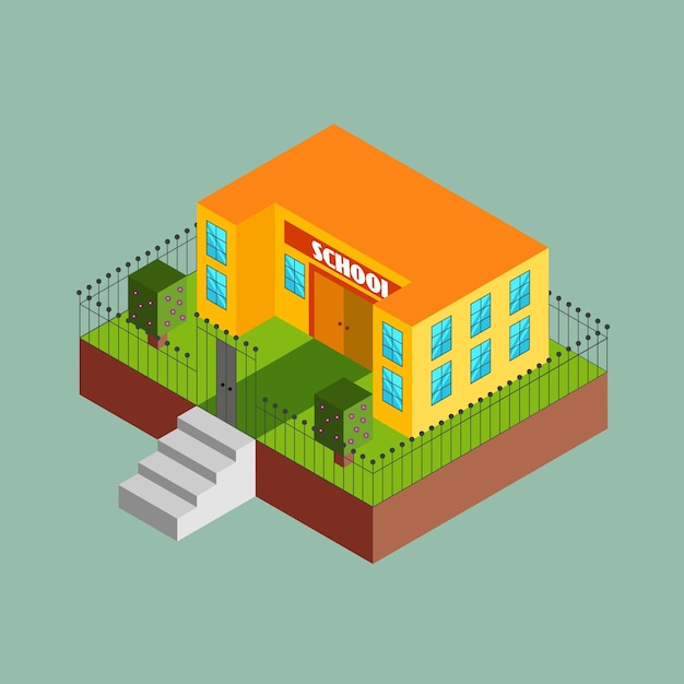 Isometric school building on a green field with a fence