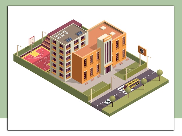 Vector isometric school building with basketball ground along vehicle street background