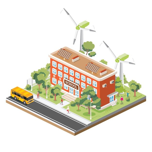 Vector isometric school building with solar panels and wind turbine isolated on white background trees and road man goes to the school ecology concept