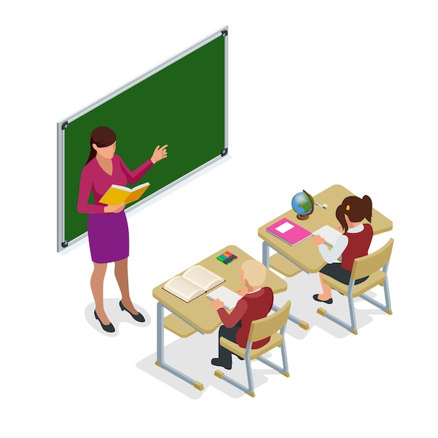 Isometric School children in classroom at lesson. Schoolroom for study. Teacher standing at chalkboard. Vector illustration.