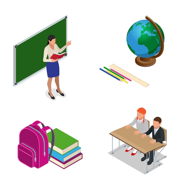 Isometric school lesson. little students and teacher. classroom with green chalkboard, teachers desk, pupils tables and chairs. flat cartoon illustration