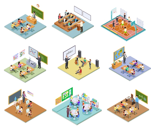 Isometric school rooms set