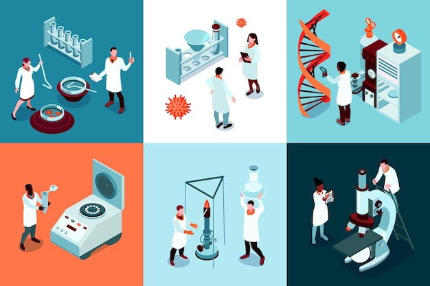 Isometric science laboratory design concept with set of square compositions