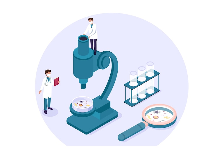 Vector isometric scientific laboratory experiment research chemical pharmaceutical concept. scientists, laboratory, research, science