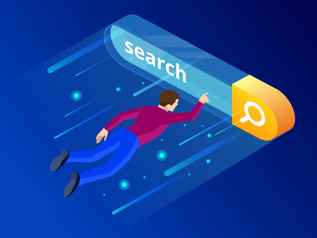 Isometric search bar modern concept. search engine optimization and web analytics elements. vector interface element with search button