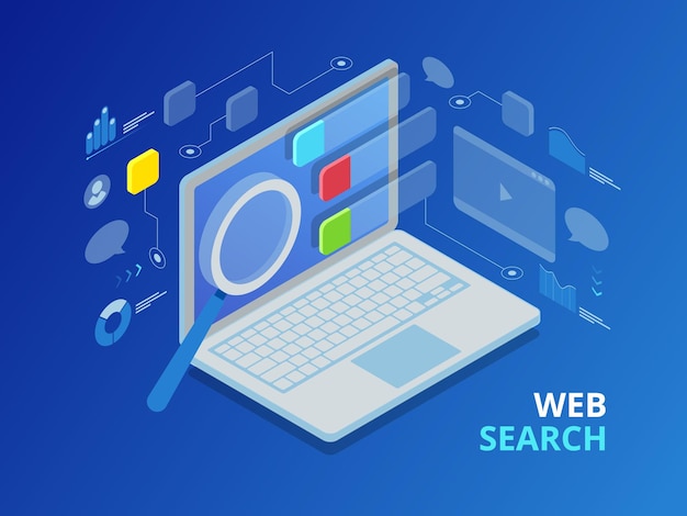 等尺性の検索エンジンの結果ページフラットベクトル。クエリの検索結果を表示するページ、ウェブ検索フラットコンセプト。さまざまなアプリを備えたスマートでシンプルなウェブインターフェース
