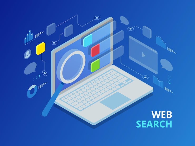Vector isometric search engine result page flat vector. page showing search results of a query, web search flat concept. smart and simple web interface with different apps