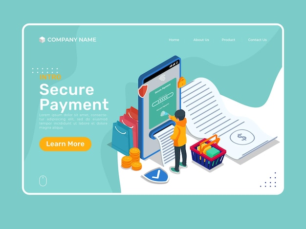 Vector isometric secure payment illustration with mobile phone. online shop landing page template.