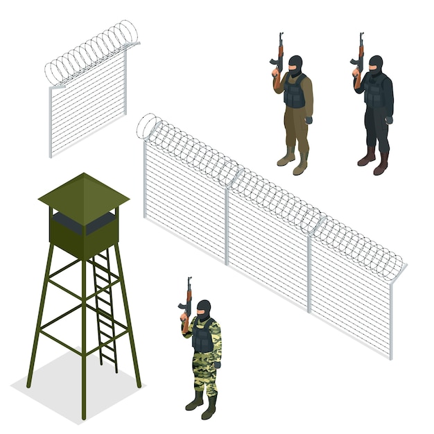 Isometric security with a barbed wire fence. soldier, officer.