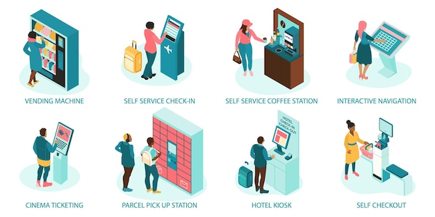 Composizione isometrica self-service con distributore automatico check-in self-service stazione del caffè navigazione interattiva biglietteria cinema stazione di ritiro pacchi chiosco dell'hotel e self check-out vettore malato