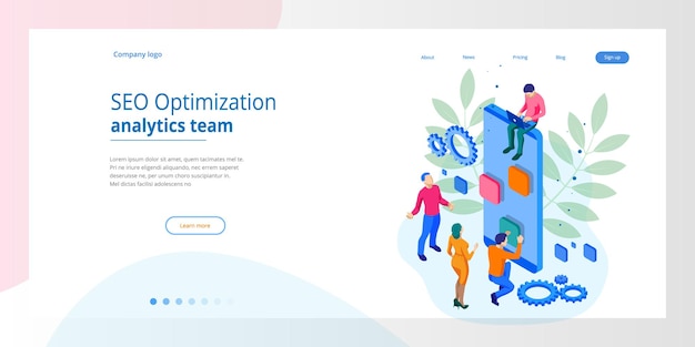 Isometric Seo Optimization and Analytics Team Modern Landing page design concept.