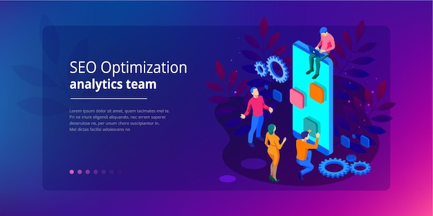 Isometric Seo Optimization and Analytics Team Modern Landing page design concept.