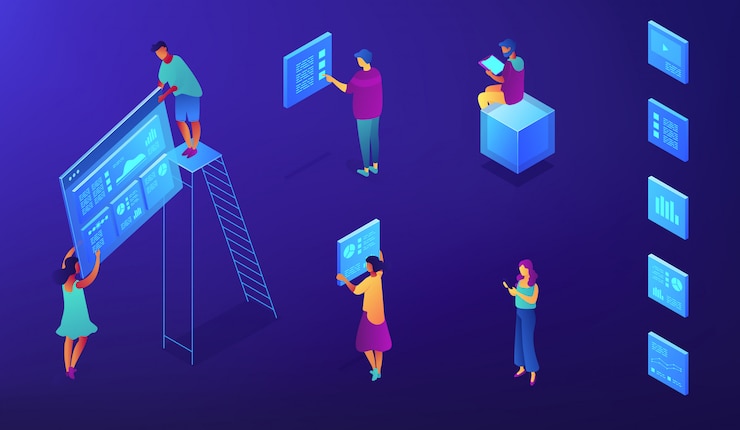 Vector isometric seo services illustration.