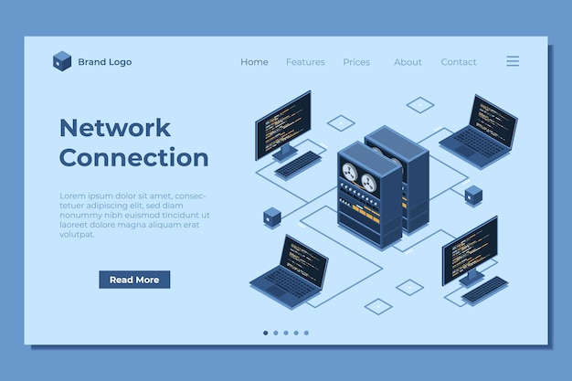 isometric server connecting computers landing page network connection computing internet digital technology web hosting concept isometric technology