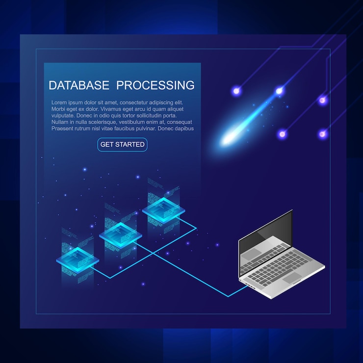 Vector isometric of server and data processing concept datacenter and data base icon digital information technology neon blue dark gradientvectorillustration