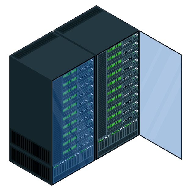 Изометрический сервер сетевая серверная комната 3d компьютерное оборудование база данных хранения изометрические технологии векторная иллюстрация