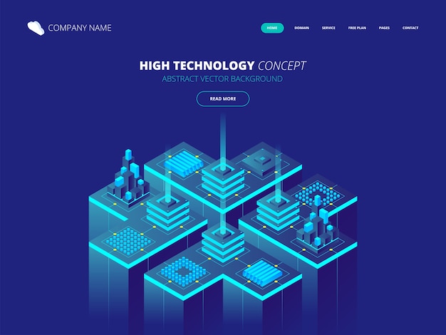 Sala server isometrica e concetto di elaborazione di big data, datacenter e icona di base di dati