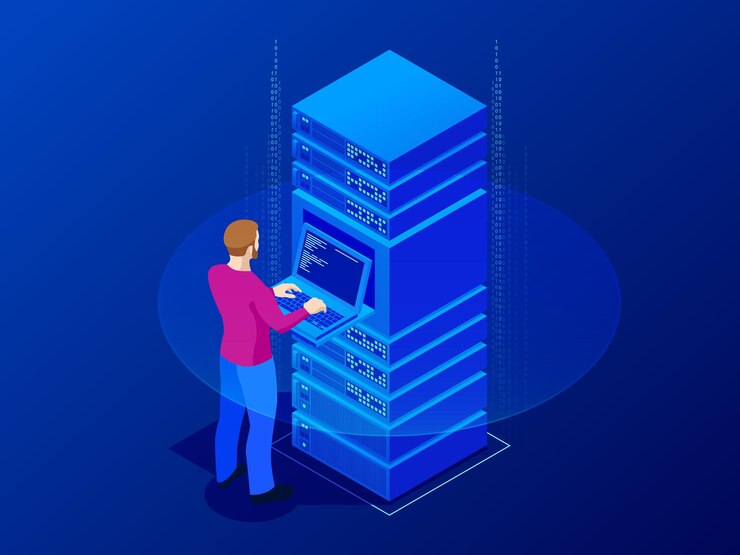 Vector isometric server room and big data processing concept. man system administrator, data protection. cloud service vector illustration blue background.