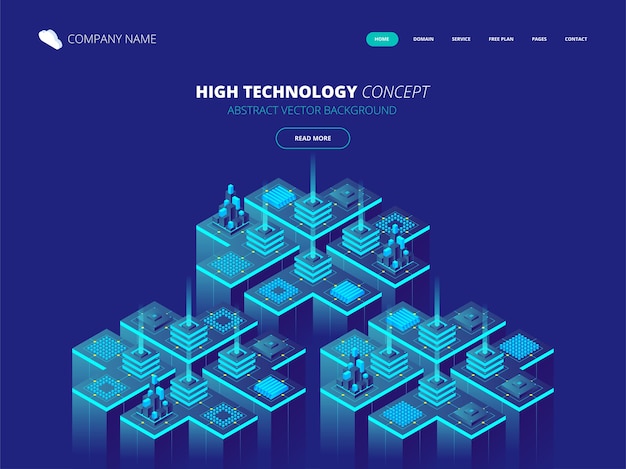 Isometric server room and big data processing concept