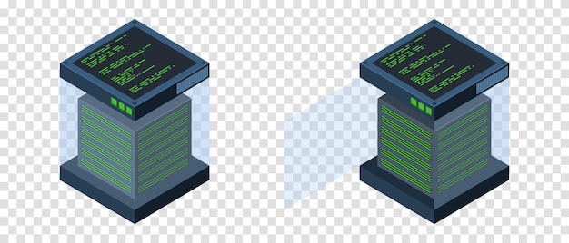 벡터 아이소메트릭 서버 데이터 저장소 3d 컴퓨터 장비 저장소 데이터베이스 장비 서버 네트워크 빅 데이터 그림