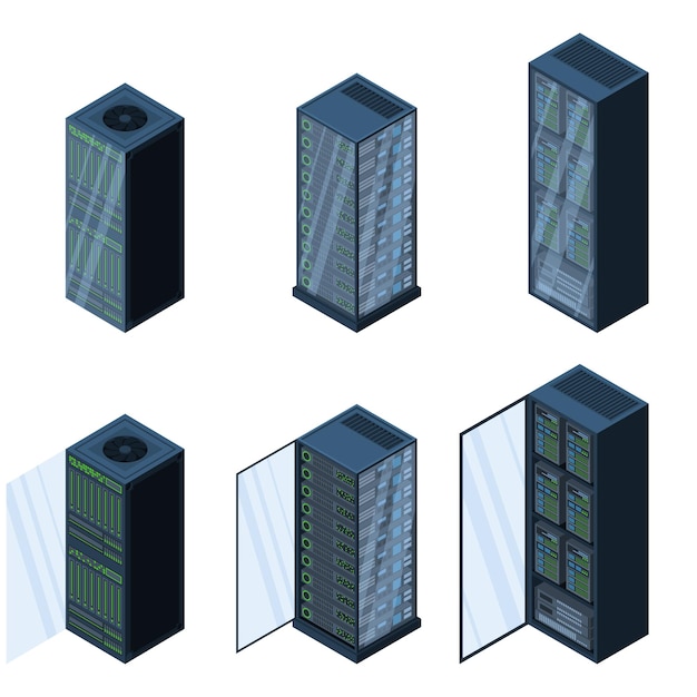 Server isometrici archivi di dati apparecchiature informatiche 3d database di archiviazione rete di server apparecchiature illustrazione di grandi dati