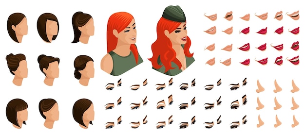 Vector isometric set 3d faces eyes lips nose facial expression create your emotions and hairstyles girl