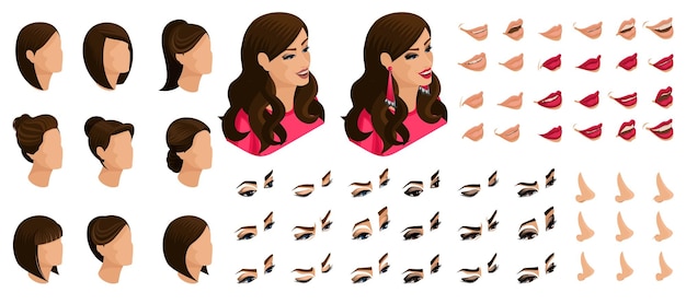 Vector isometric set 3d faces eyes lips nose facial expression create your emotions and hairstyles girl