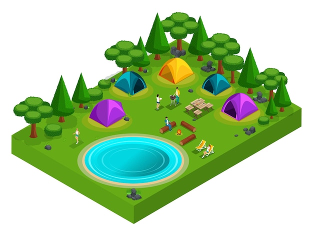 Isometric Set of camping icons trees tents characters on vacation campfire