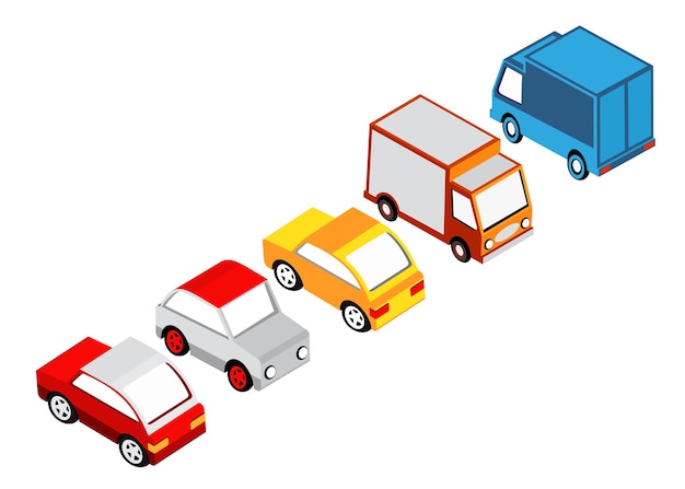 Isometric set cars and trucks transport infrastructure