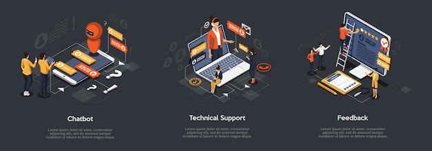 Isometric Set Of Chatbot, Technical Support And Feedback.