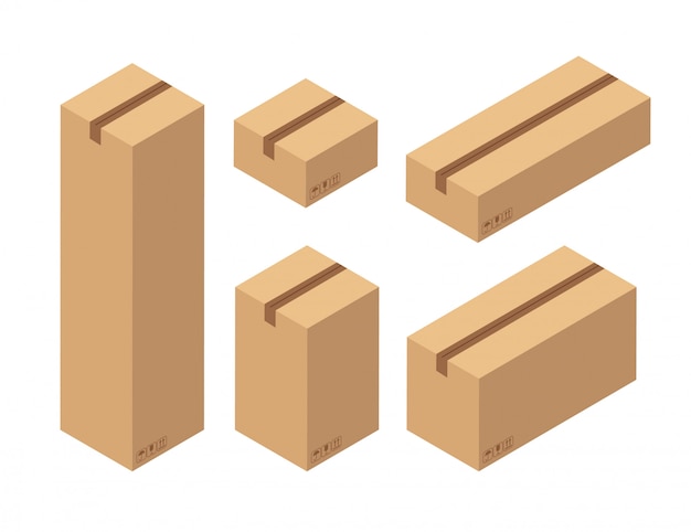 Isometric set of closed boxes. Brown cardboard box top view. illustration isolated on white background.