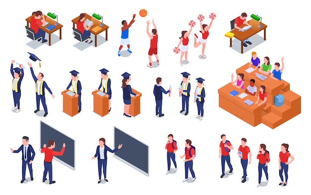 Isometric set of college or university students in different studing situations vector illustration