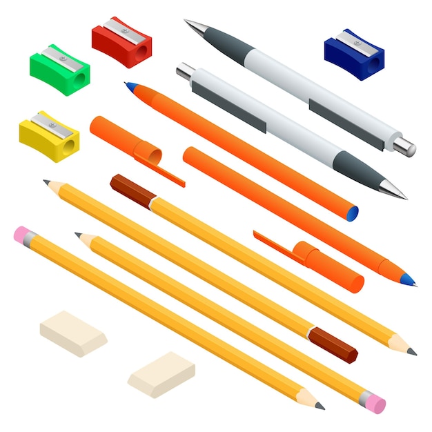 Isometric set of colored engineering and office pens, sharpened pencils of various lengths with rubber and without, eraser rubber and sharpener. Vector illustration