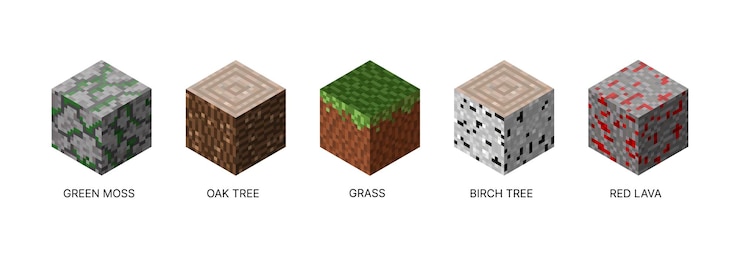 Vector isometric set of cubic blocks pixel style and bright textures are perfect for games apps