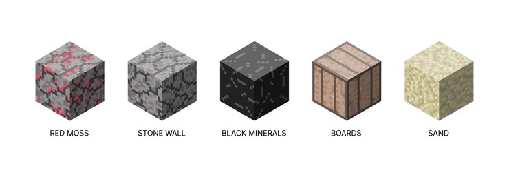 Vector isometric set of cubic blocks pixel style and bright textures are perfect for games apps