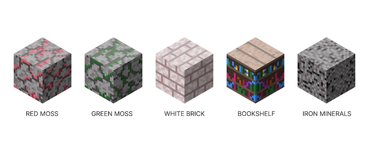 Vector isometric set of cubic blocks pixel style and bright textures are perfect for games