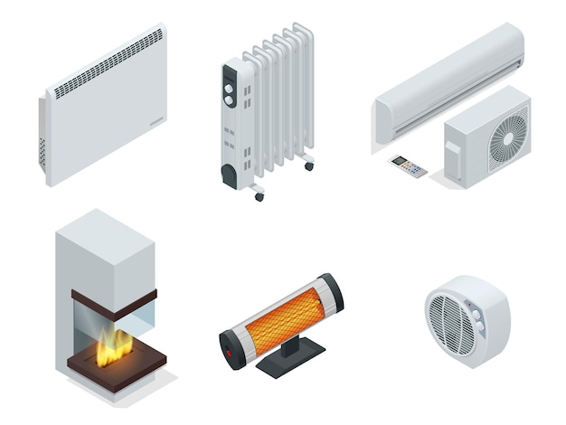 Isometric set of electric radiator or electric heaters. home climate equipment icons fireplace, oil heater with screen controls. can be used for advertisement, infographics