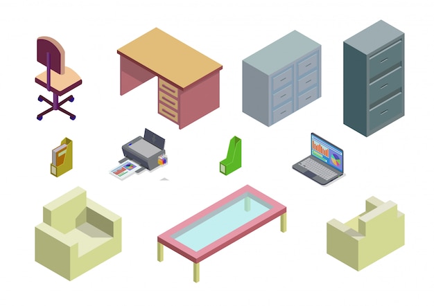 Isometric set of element of office and home furniture