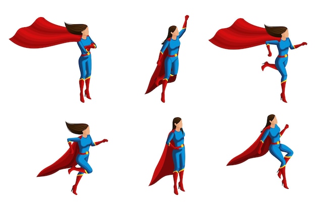 Vector isometric a set of girls in costumes different poses 3d super heroes rescuers