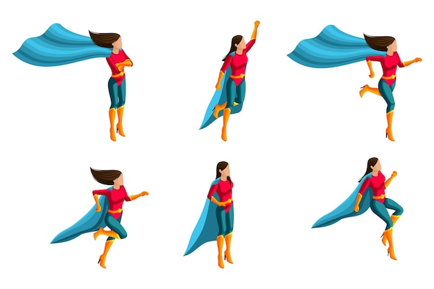 Isometric a set of girls in costumes different poses 3d super heroes rescuers