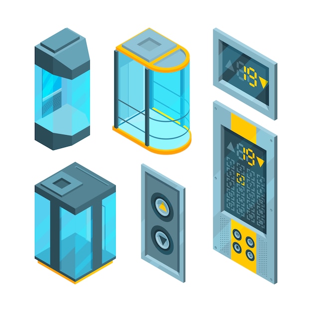 Vector isometric  set  glass elevators with steel buttons