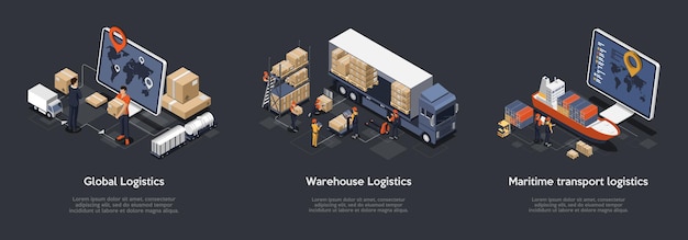 Vector isometric set of global logistics, warehouse logistics, maritime transport logistics. on time delivery designed to sort and carry large numbers of cargo.