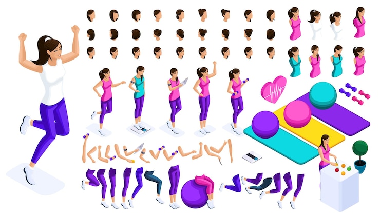 Vector isometric set of hairstyles emotions hands and feet create your sporty inflated woman