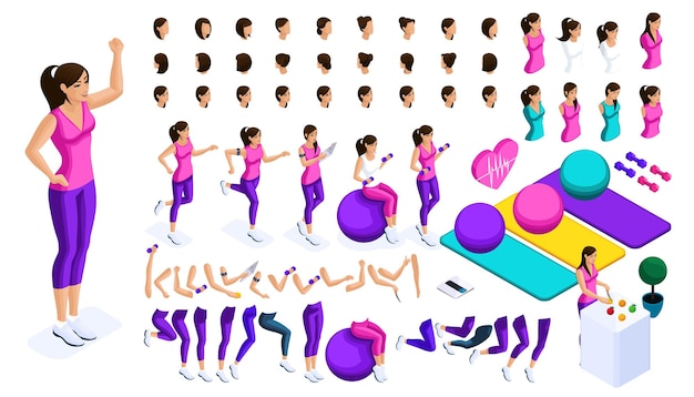 Isometric set of hairstyles emotions hands and feet Create your sporty inflated woman