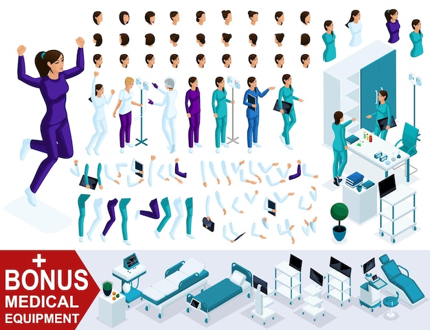 Isometric Set of hands feet gestures emotions and characters Create your medical character