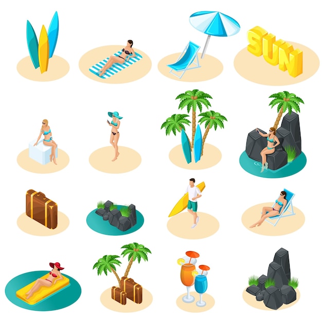 Set isometrico di icone per la spiaggia chaise longue di sabbia di palma rocce