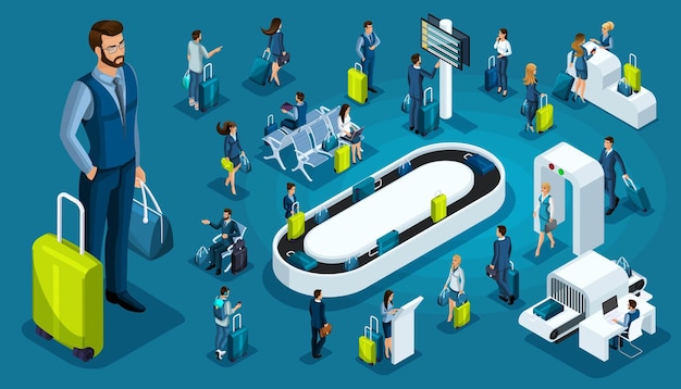 Isometric set international airport passengers with luggage on a business trip