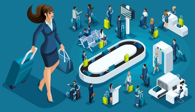 Isometric set international airport passengers with luggage on a business trip