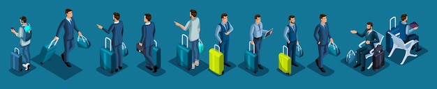 Isometric set international airport passengers with luggage on a business trip